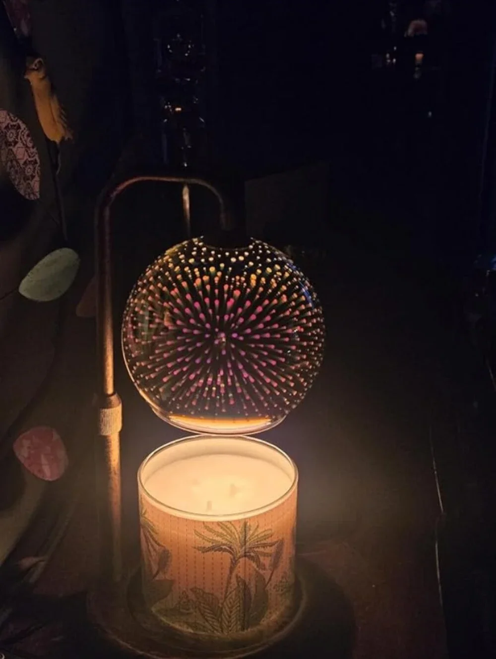 ​3D Firework Glass Candle Warmer Lamp Adjustable Height Wooden Base Light Timer